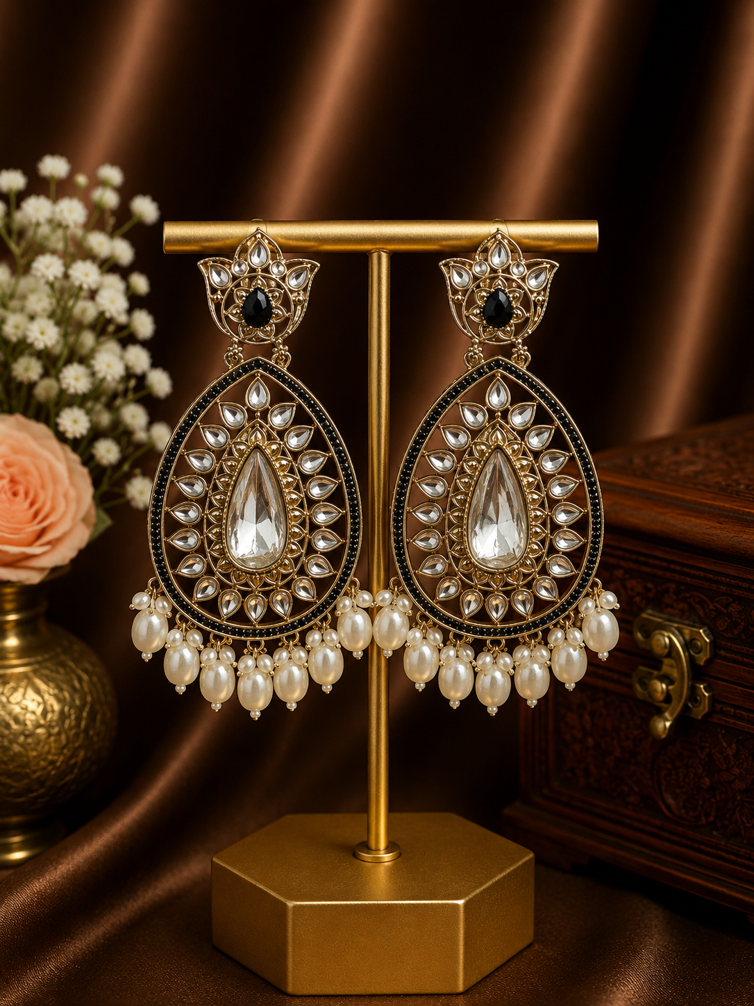 Varsha Kundan Pearl Earrings – Traditional Ethnic Statement Earrings Black