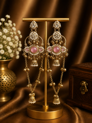 Jasmine Kashmiri Long Ghungroo Earrings - Light Pink
