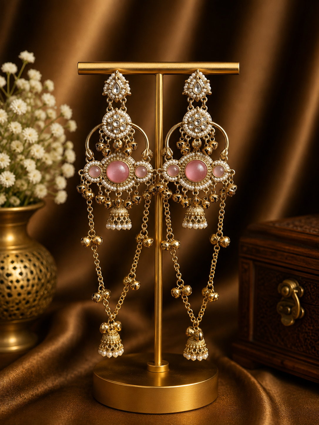 Jasmine Kashmiri Long Ghungroo Earrings - Light Pink