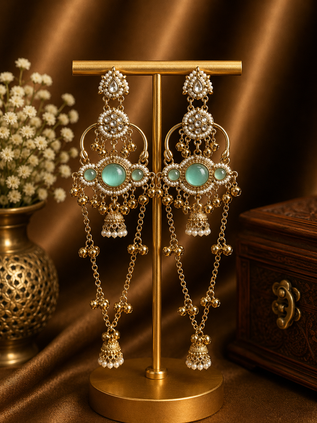 Jasmine Kashmiri Long Ghungroo Earrings - Mint Green