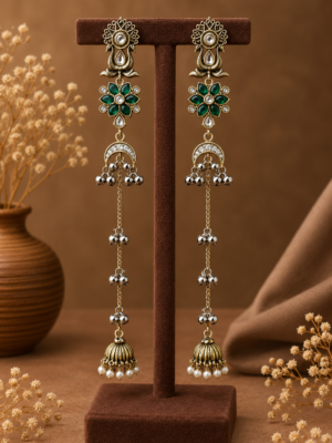 Zareen Long Kashmiri Jhumka Earrings Dark Green