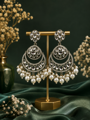 Ameera White Kundan Pearl Chandbali Earrings for Women