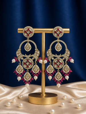 Sonakshi dark pink Kundan chandbali earrings with pearl drops and hanging motifs.