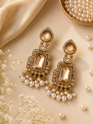 Aarzoo Golden Kundan Pearl Dangler Earrings for Women