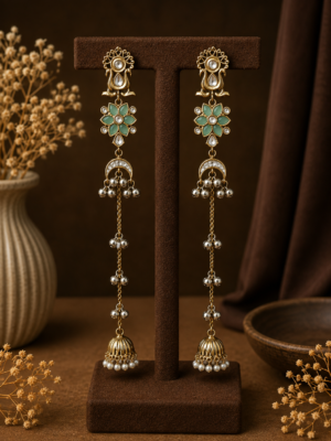 Zareen Long Kashmiri Jhumka Earrings Mint Green