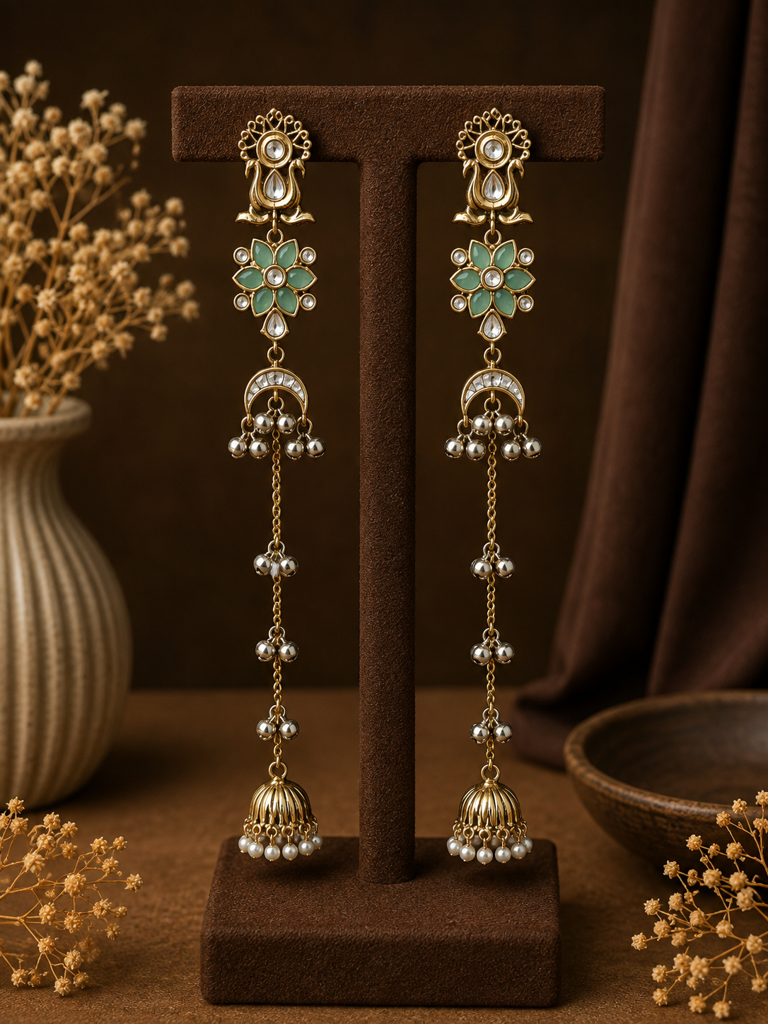 Zareen Long Kashmiri Jhumka Earrings Mint Green
