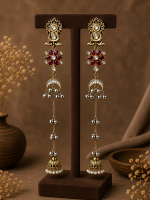 Zareen Long Kashmiri Jhumka Earrings Dark Pink