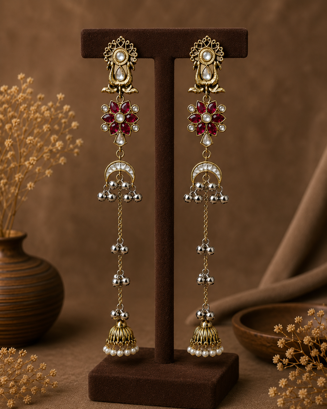 Zareen Long Kashmiri Jhumka Earrings Dark Pink
