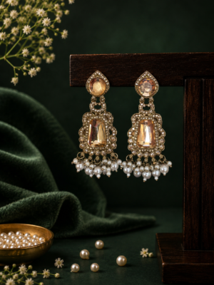 Golden Kundan Dangler Earrings with Pearls