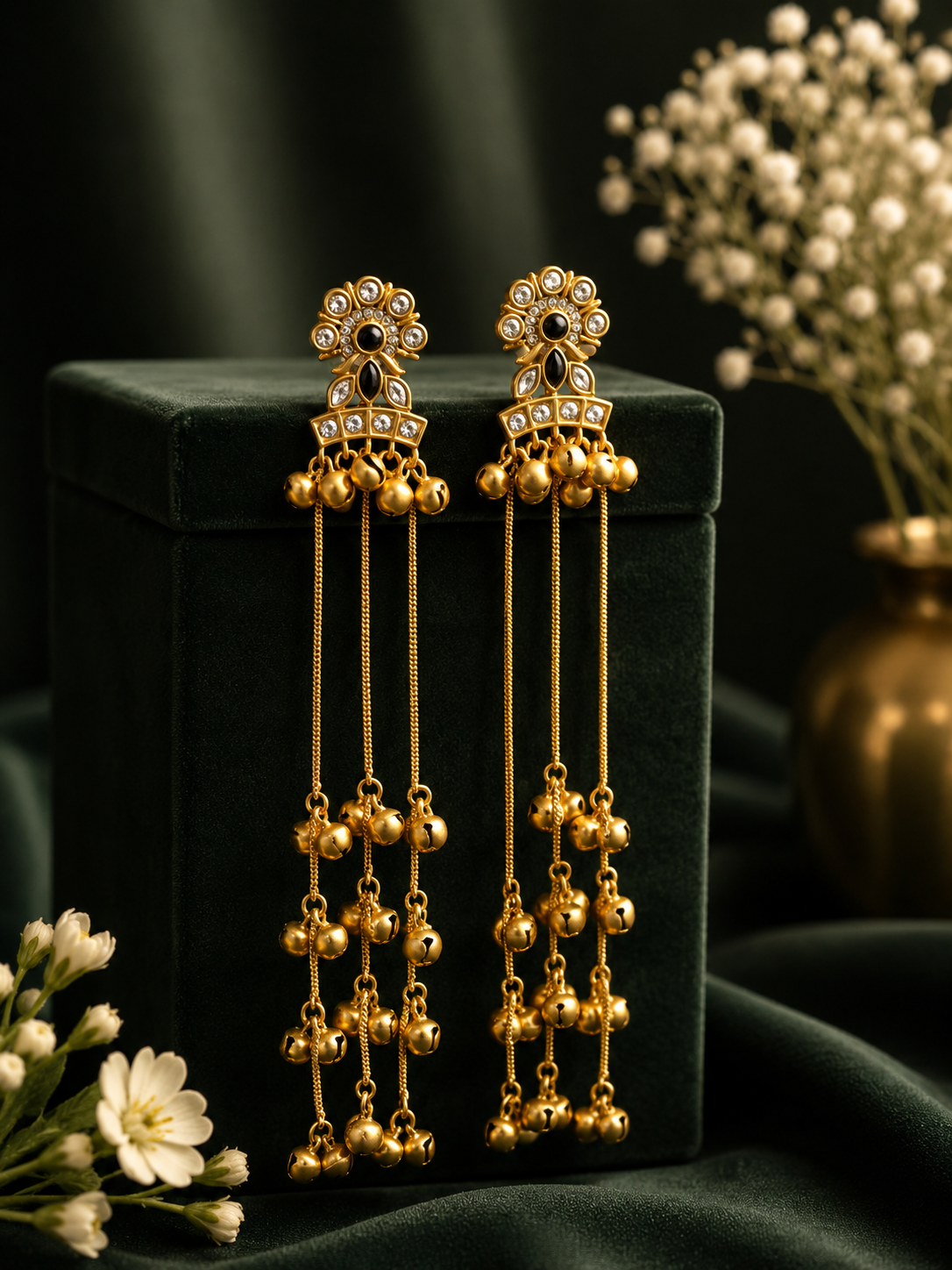 Dhara Kashmiri Long Ghungroo Earrings – Black
