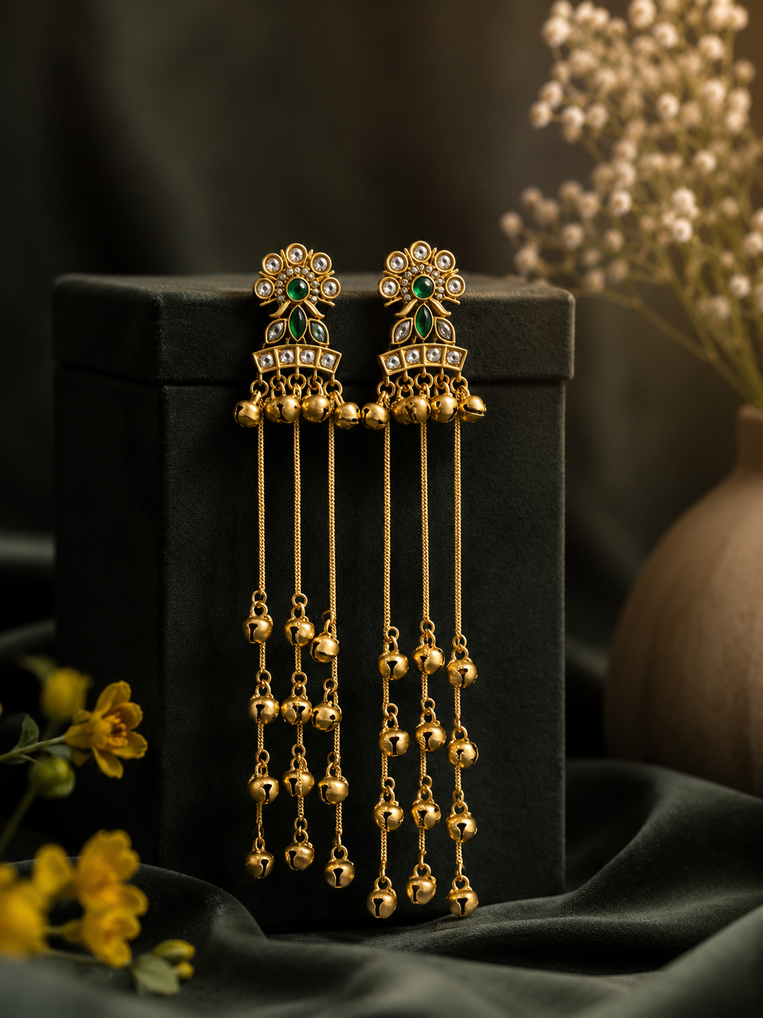 Dhara Kashmiri Long Ghungroo Earrings – Dark Green