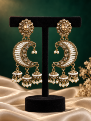 White and golden pearl chandbali earrings