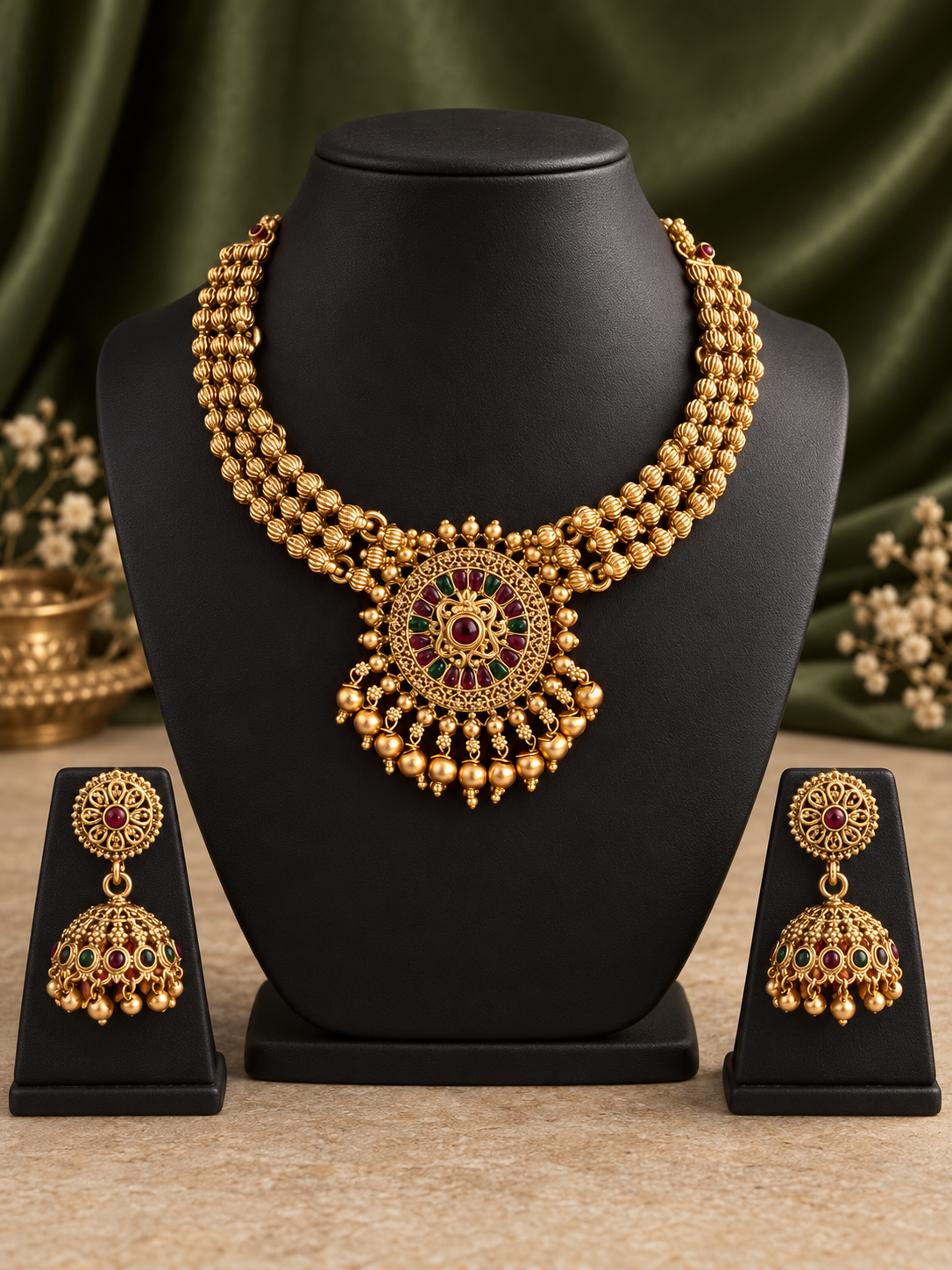 Vaidehi Antique Gold Temple Jewellery Set – Red Green - Image 2