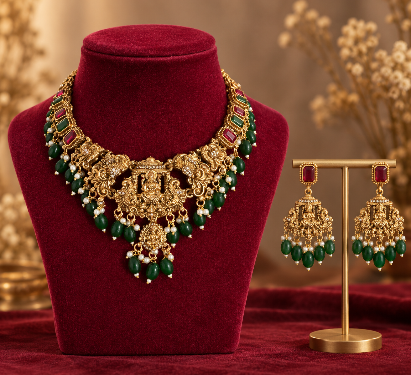 Kanakpriya dark green ruby Lakshmi temple jewellery set with peacock motifs and matching earrings
