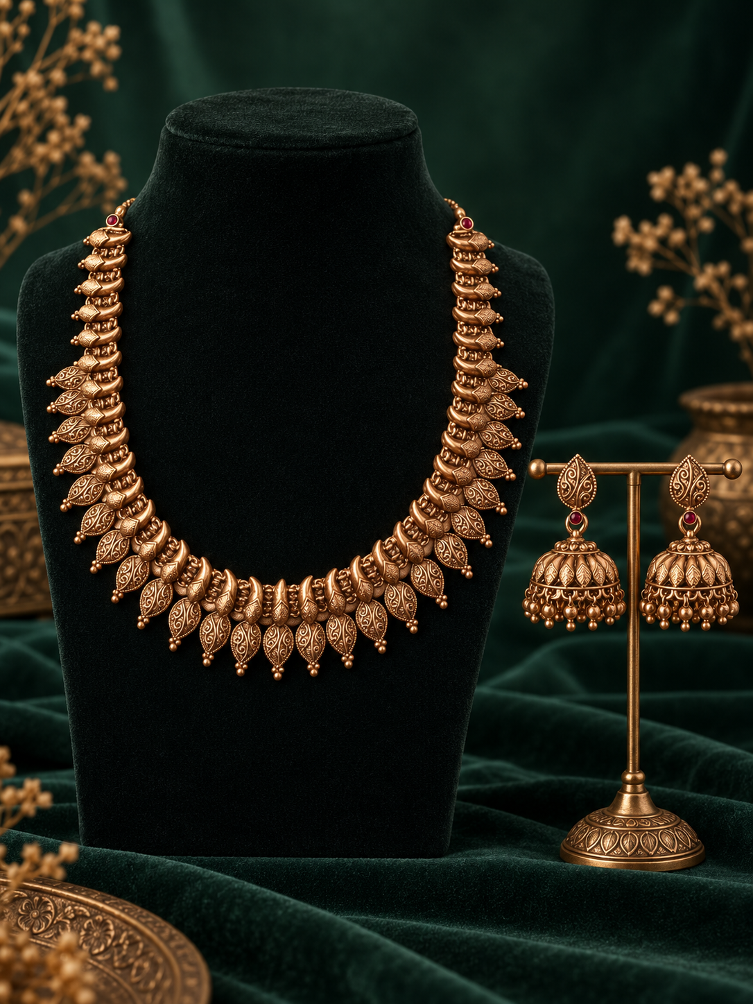Varnika Antique Gold Leaf Temple Jewellery Set