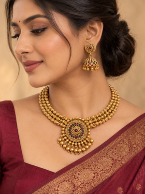 Vaidehi antique gold temple jewellery set with a beaded necklace, round red and green pendant and matching jhumka earrings