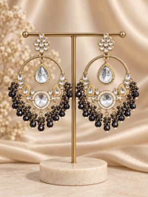 Neerja black Kundan Chandbali earrings with floral tops, suspended clear teardrops and black bead fringes
