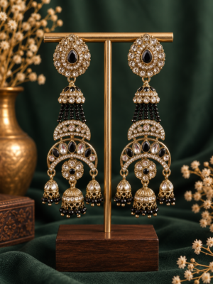 Nayab Black Long Kundan Jhumka Earrings