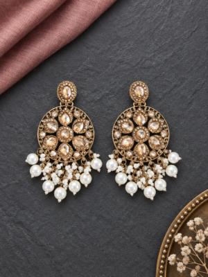 Afsheen champagne stone chandelier earrings with circular frames and white bead drops