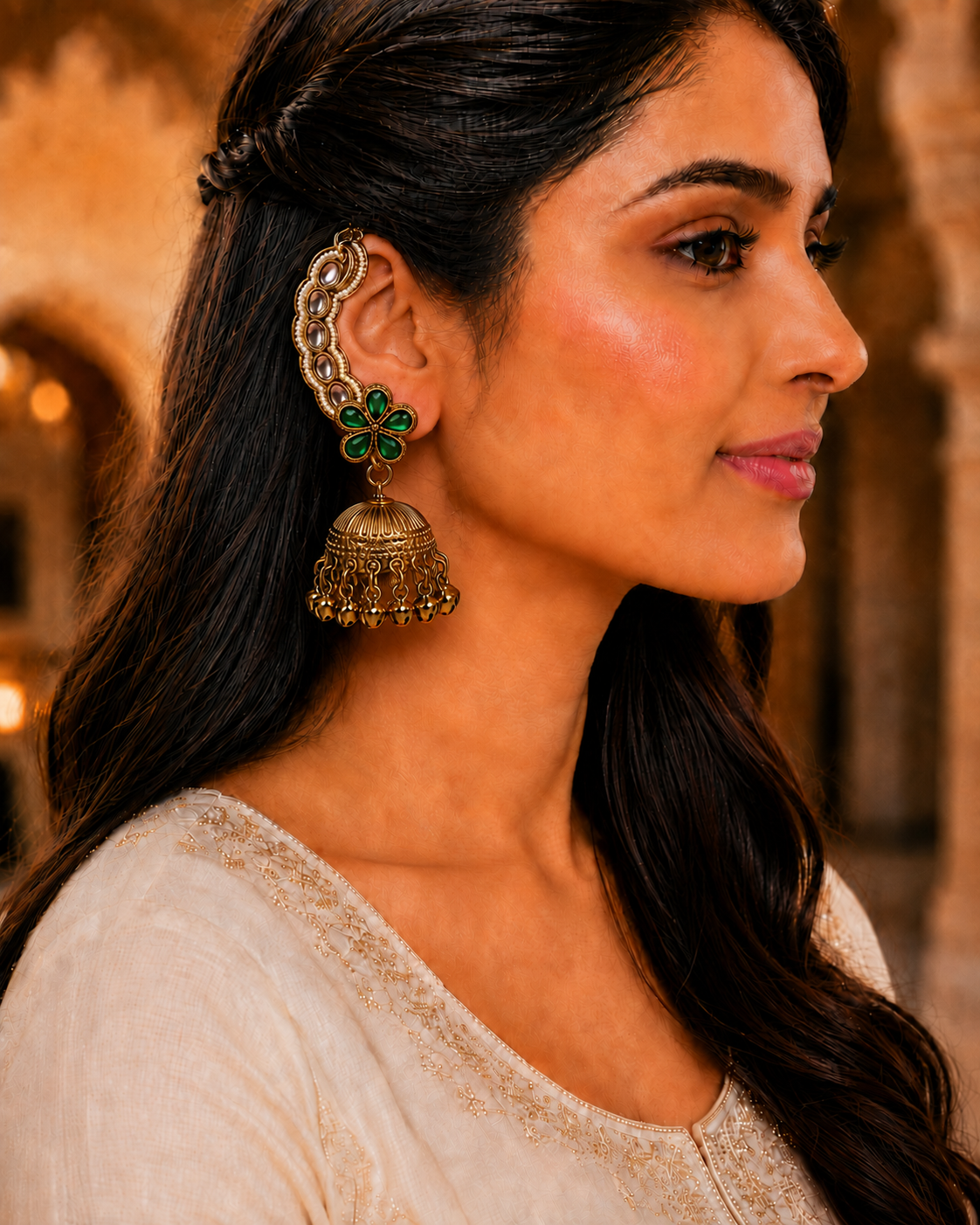 Dark Green Kashmiri Ear Cuff Earrings for Women