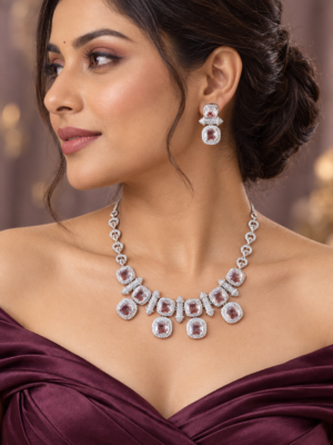 Heera White American Diamond Necklace Set with matching earrings