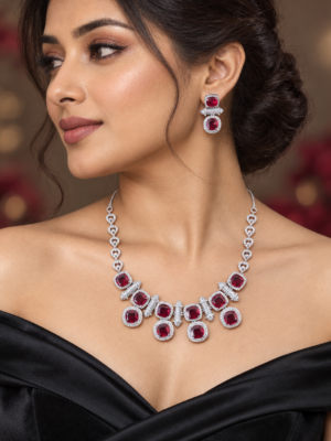 Heera Red American Diamond Necklace Set with matching earrings