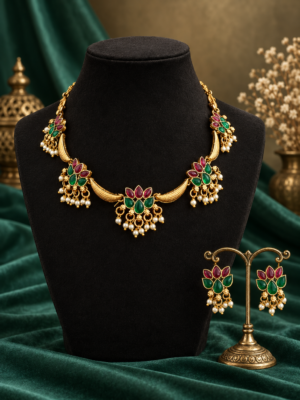 Ruby green lotus temple necklace set with earrings