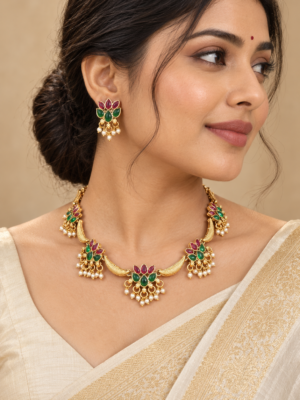 Padmika Lotus Temple Jewellery Set with ruby-green stones and matching earrings