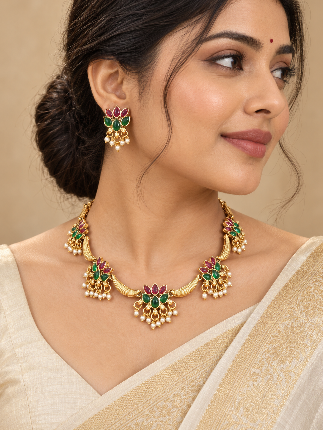 Padmika Lotus Temple Jewellery Set with ruby-green stones and matching earrings