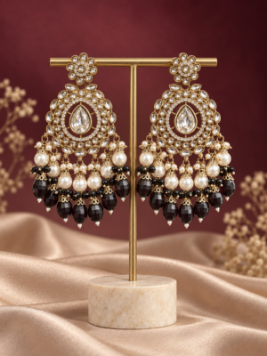 Rashika Black Kundan Chandbali Earrings with bead drops