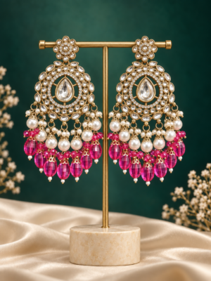 Rashika Dark Pink Kundan Chandbali Earrings with bead drops