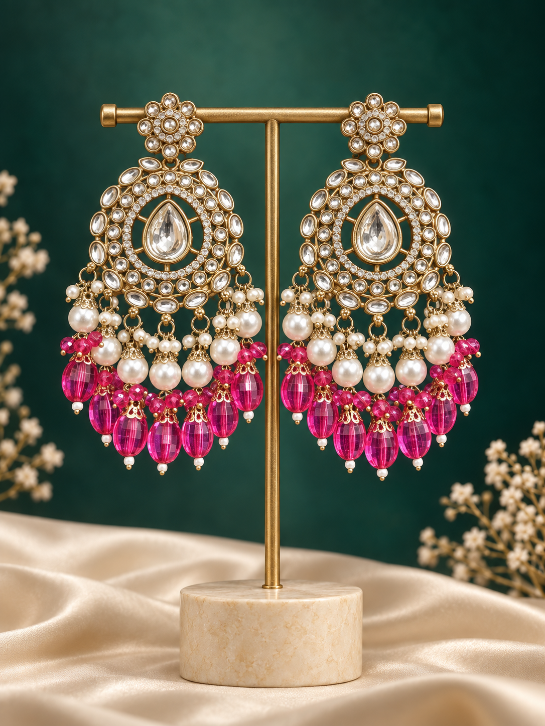 Rashika Dark Pink Kundan Chandbali Earrings with bead drops