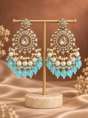 Rashika Light Blue Kundan Chandbali Earrings with bead drops