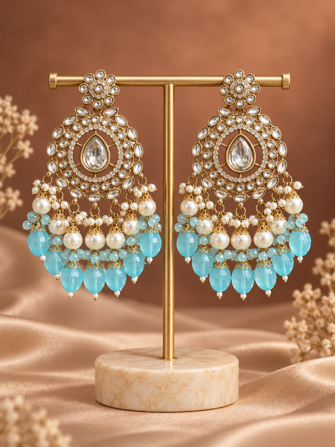 Rashika Light Blue Kundan Chandbali Earrings with bead drops