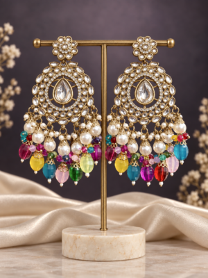 Rashika Multicolour Kundan Chandbali Earrings with bead drops