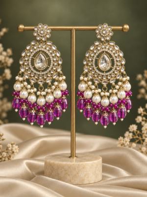 Rashika Purple Kundan Chandbali Earrings with bead drops