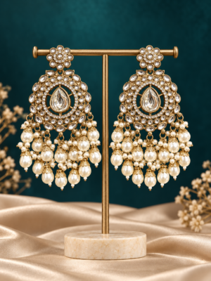 Rashika White Kundan Chandbali Earrings with bead drops