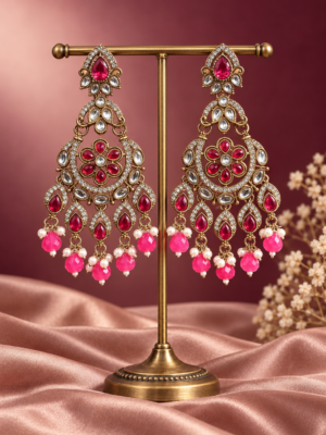 Yuvika premium dark pink Kundan chandbali earrings for women
