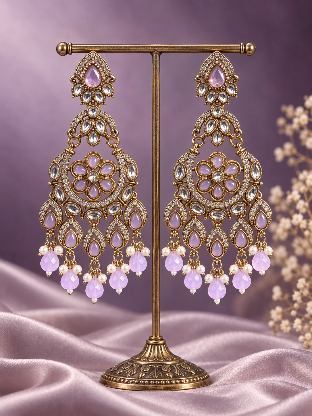 Yuvika premium lavender Kundan chandbali earrings for women