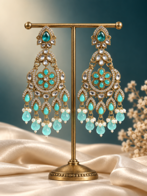 Yuvika premium light blue Kundan chandbali earrings for women