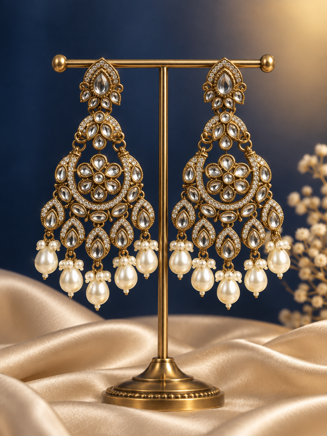 Yuvika premium white Kundan chandbali earrings for women