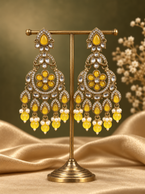 Yuvika premium yellow Kundan chandbali earrings for women