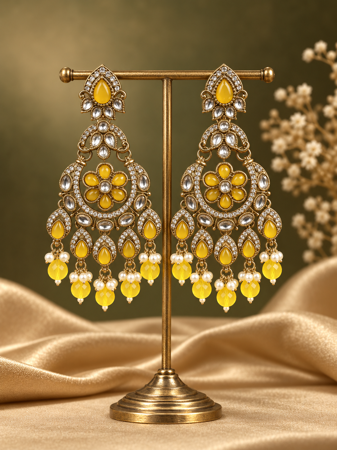 Yuvika premium yellow Kundan chandbali earrings for women