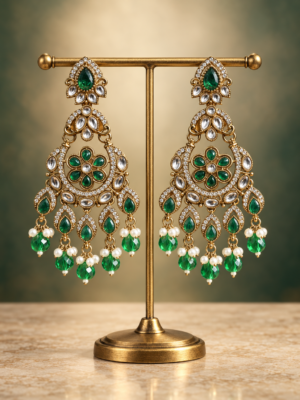 Yuvika premium dark green Kundan chandbali earrings for women
