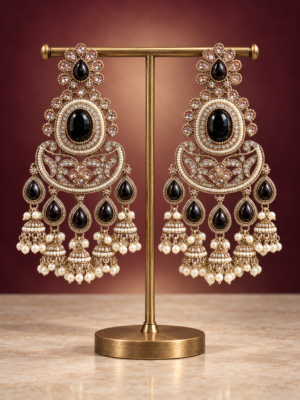 Nupur black Kundan Chandbali earrings with oval stones, teardrop accents and hanging jhumkis