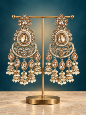 Nupur golden Kundan Chandbali earrings with floral tops, oval centres and hanging jhumkis