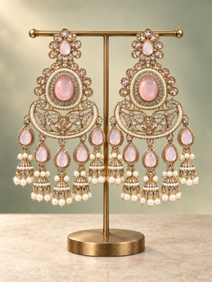 Nupur light pink Kundan Chandbali earrings with floral tops, oval stones and hanging jhumkis