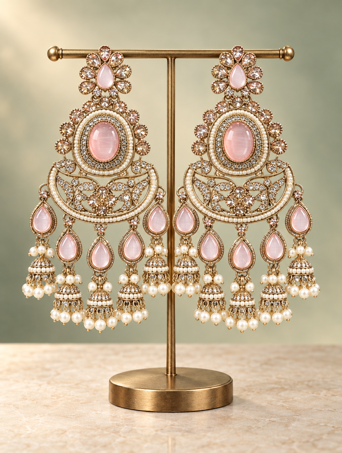 Nupur light pink Kundan Chandbali earrings with floral tops, oval stones and hanging jhumkis