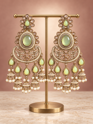 Nupur mint green Kundan Chandbali earrings with floral tops, oval stones and hanging jhumkis