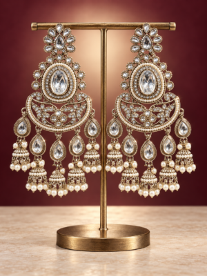 Nupur white Kundan Chandbali earrings with floral tops, oval centres and hanging jhumkis